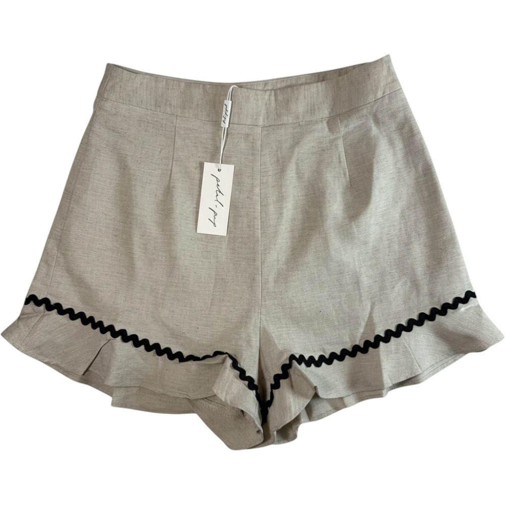 Petal & Pup Sloane Linen Shorts Medium Oatmeal Black Ruffle Hem NWT